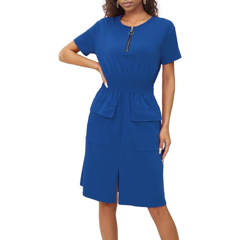 Womens Blue Summer Work Tshirt Dress Smocked Waist Office Dress